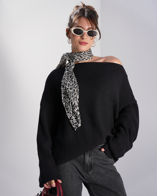 Black Off-Shoulder Knit Sweater