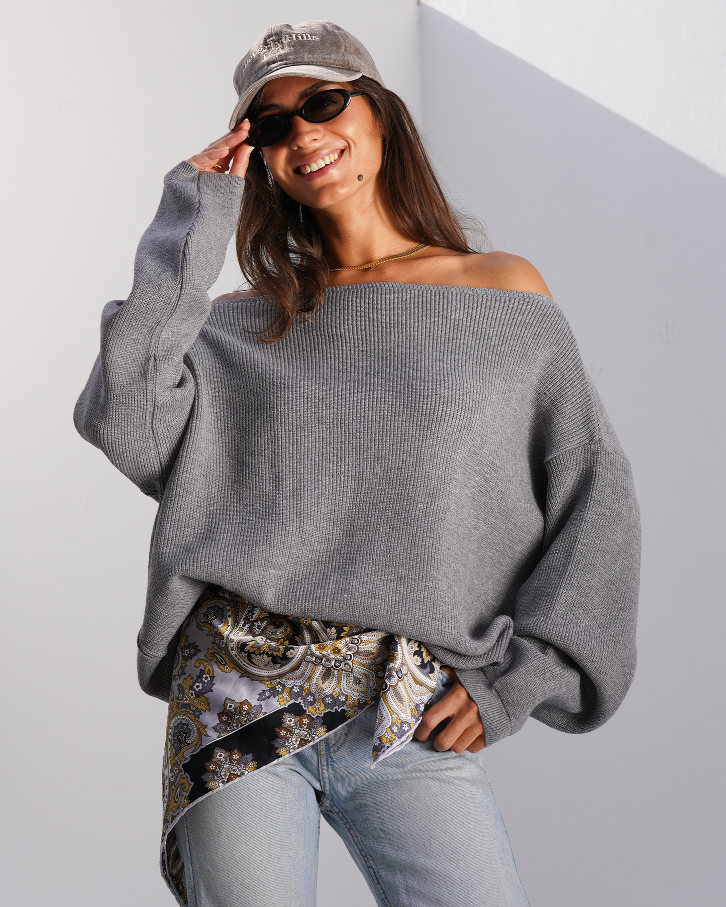 Grey Off-Shoulder Knit Sweater