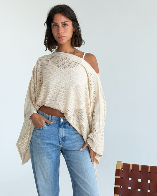 Beige Off-shoulder Knit Poncho
