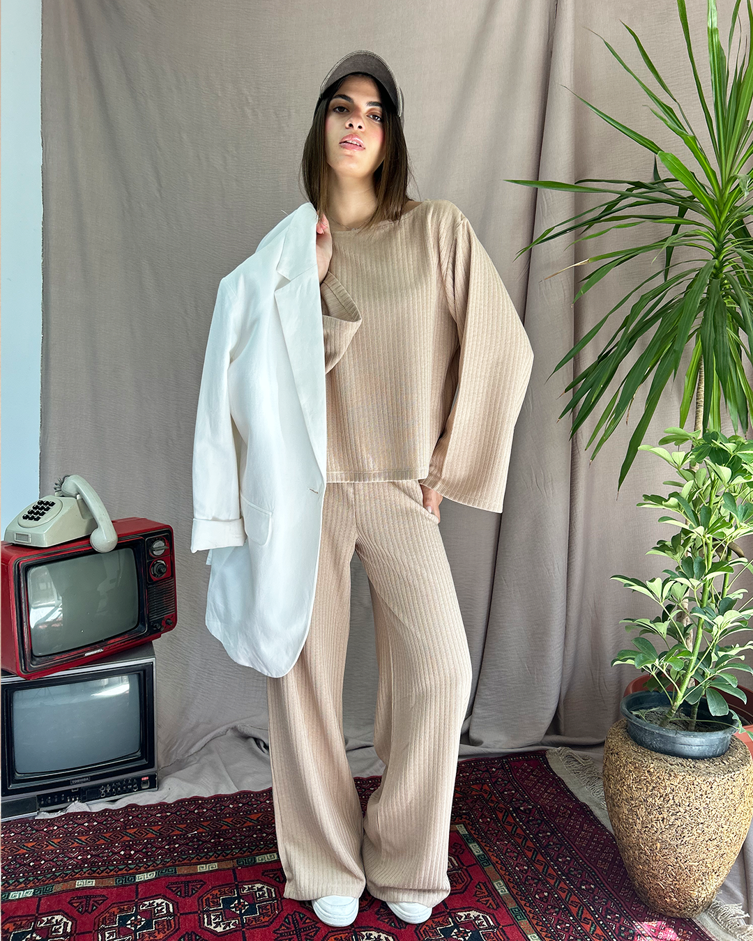 Beige Ribbed Set