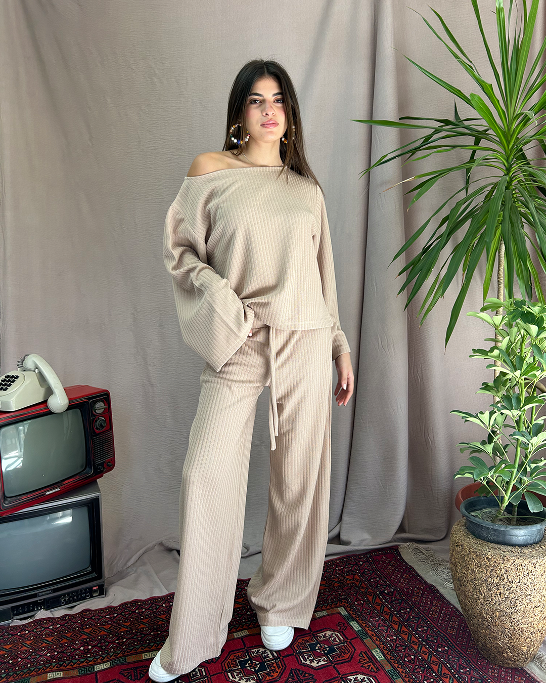 Beige Ribbed Set