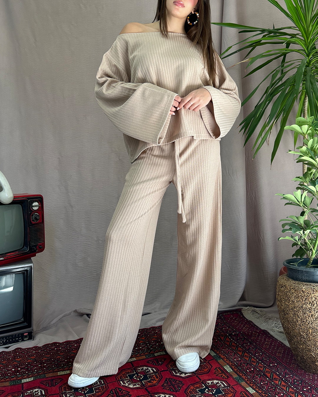 Beige Ribbed Set