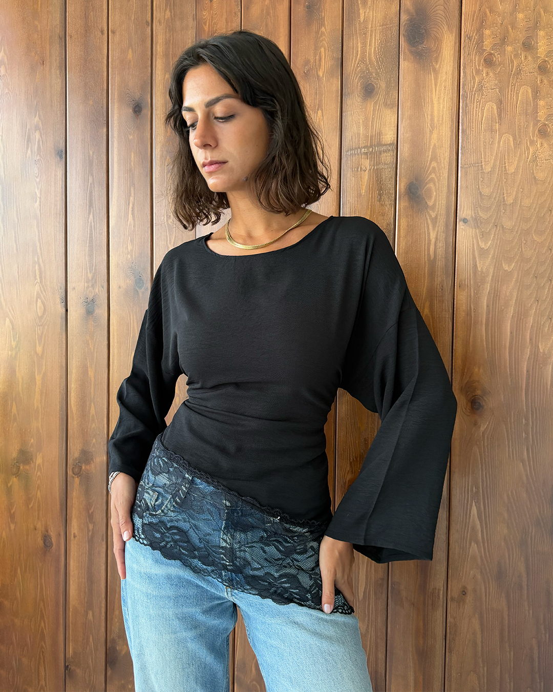 Black Asymmetric Wide Sleeve Lace Top