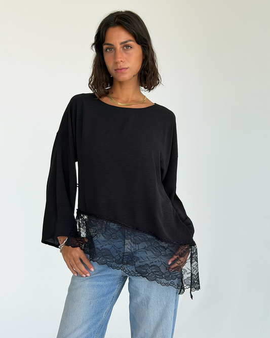 Black Asymmetric Wide Sleeve Lace Top
