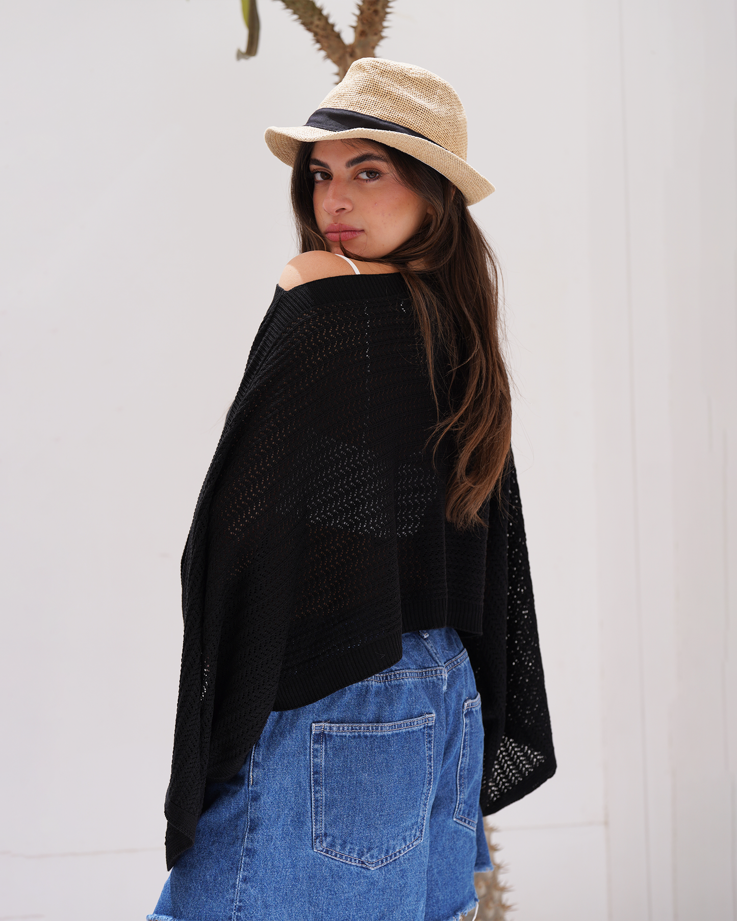 Black Off-shoulder Knit Poncho