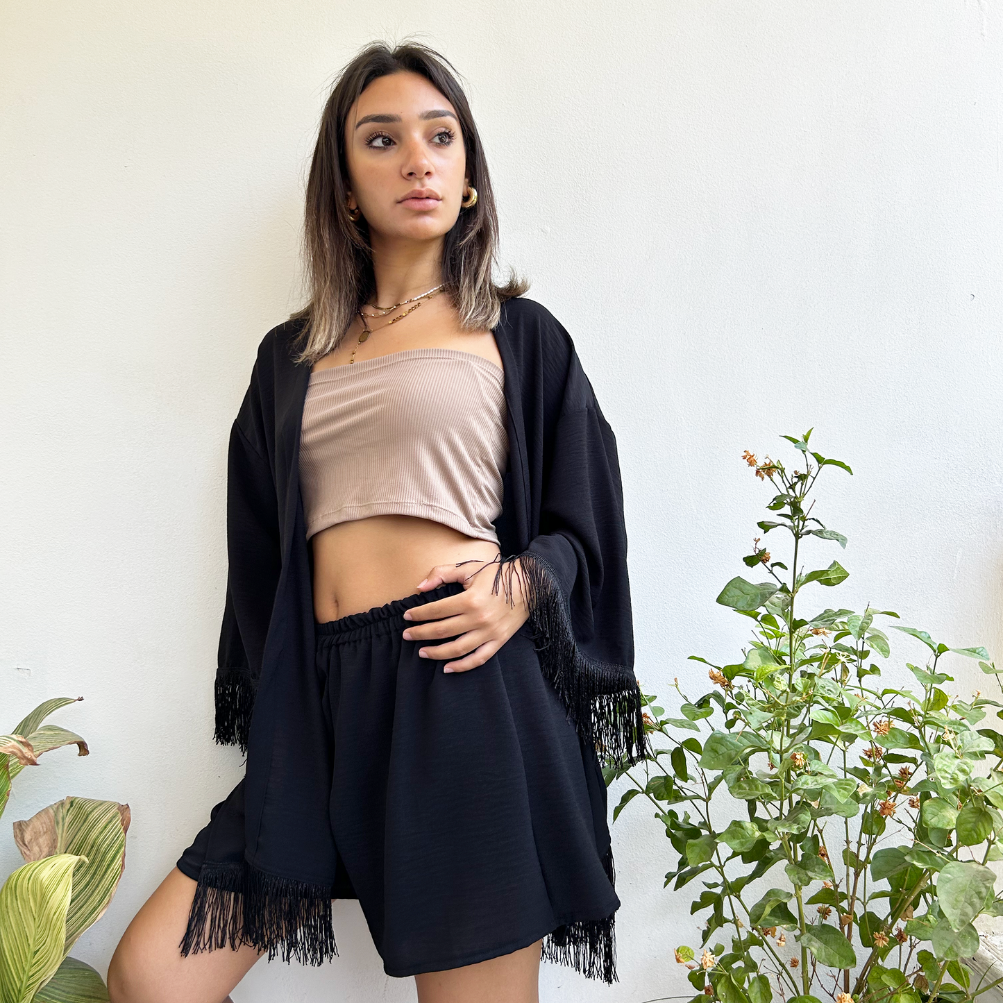 Black Fringed Kimono Set