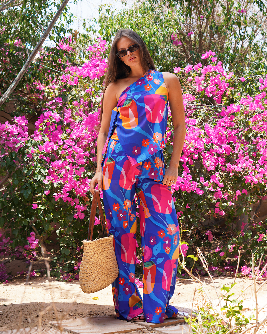 Blue Flower Asymmetric One-Shoulder top