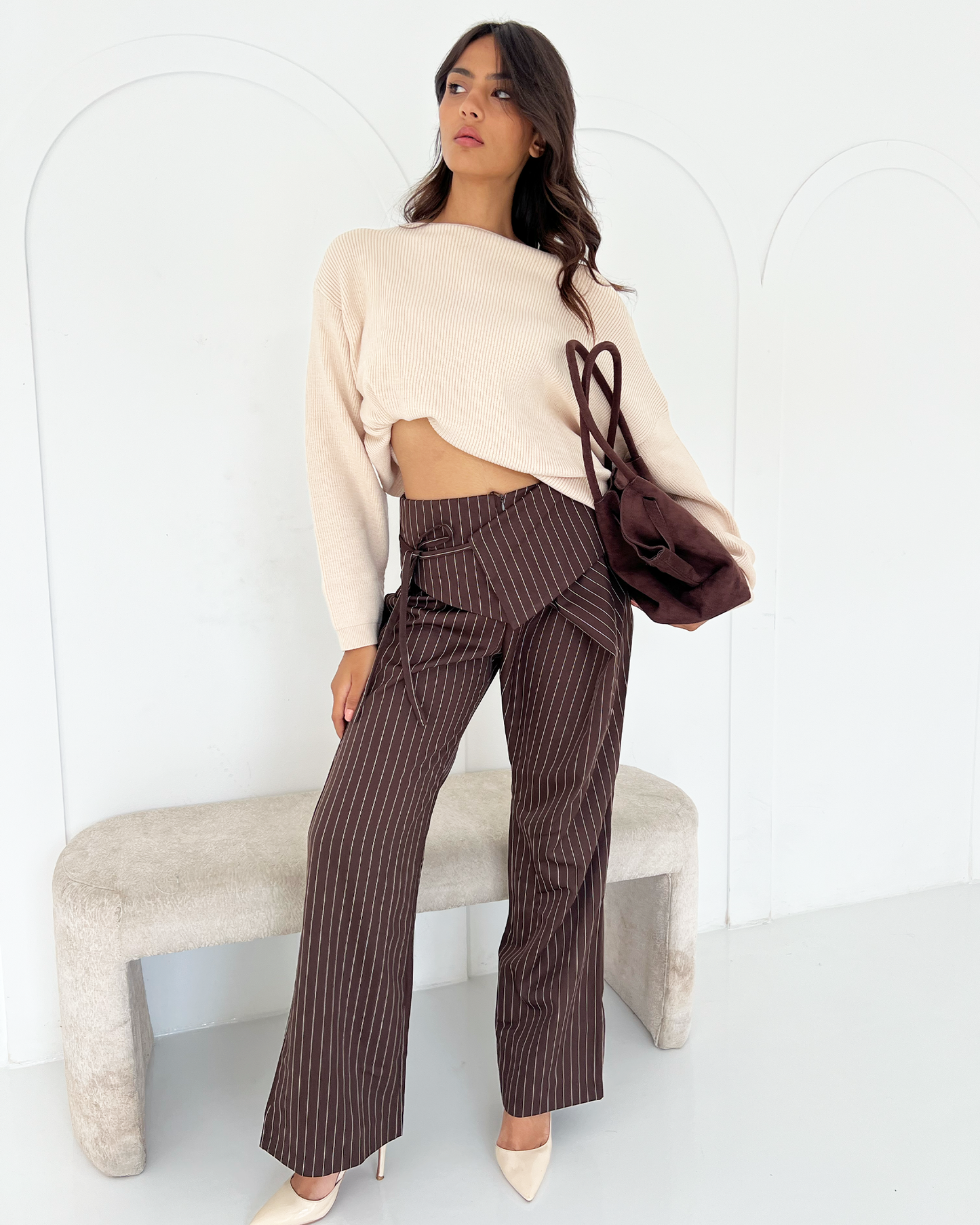 Brown Flip-waist Pinstripe Suit Pants