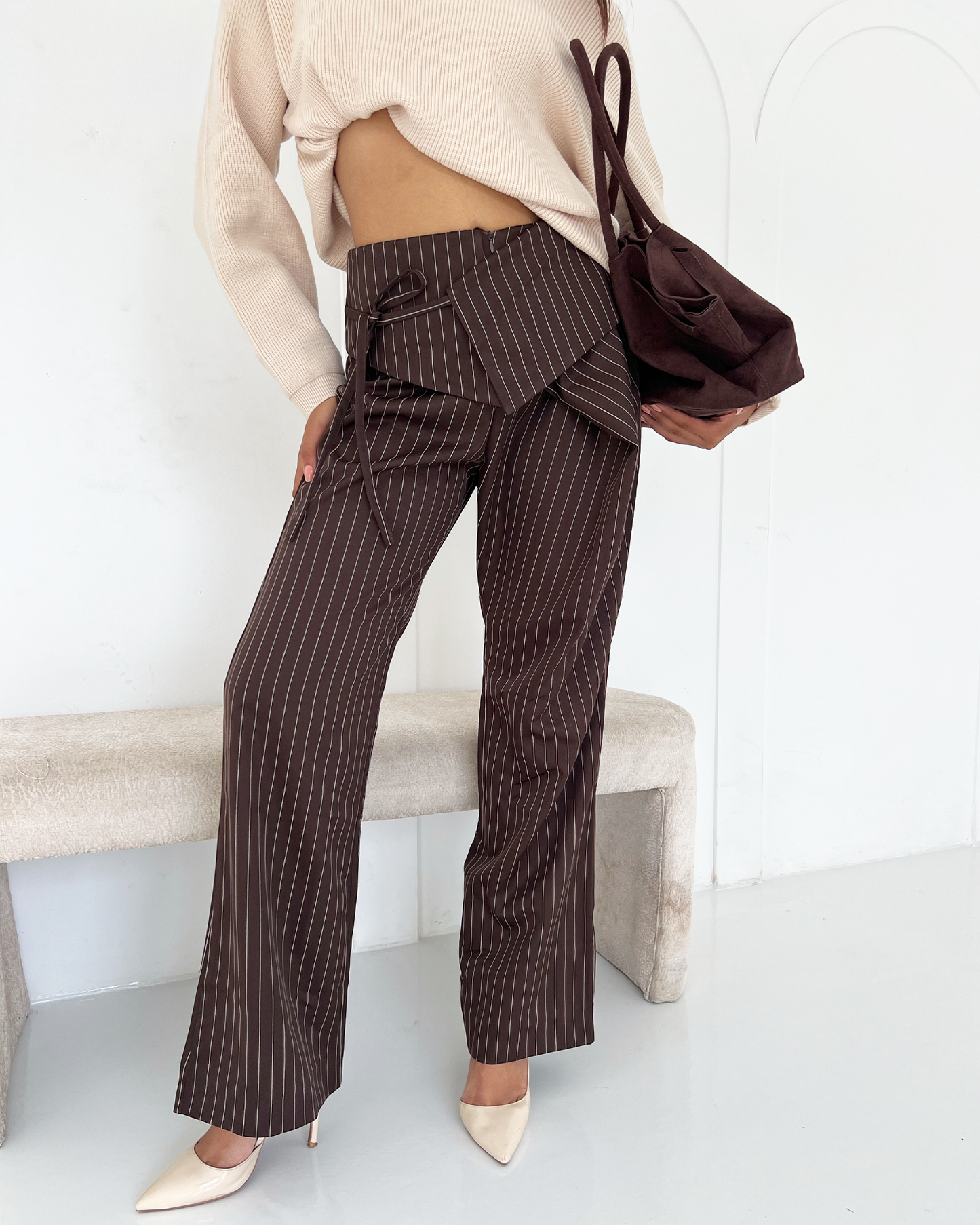 Brown Flip-waist Pinstripe Suit Pants
