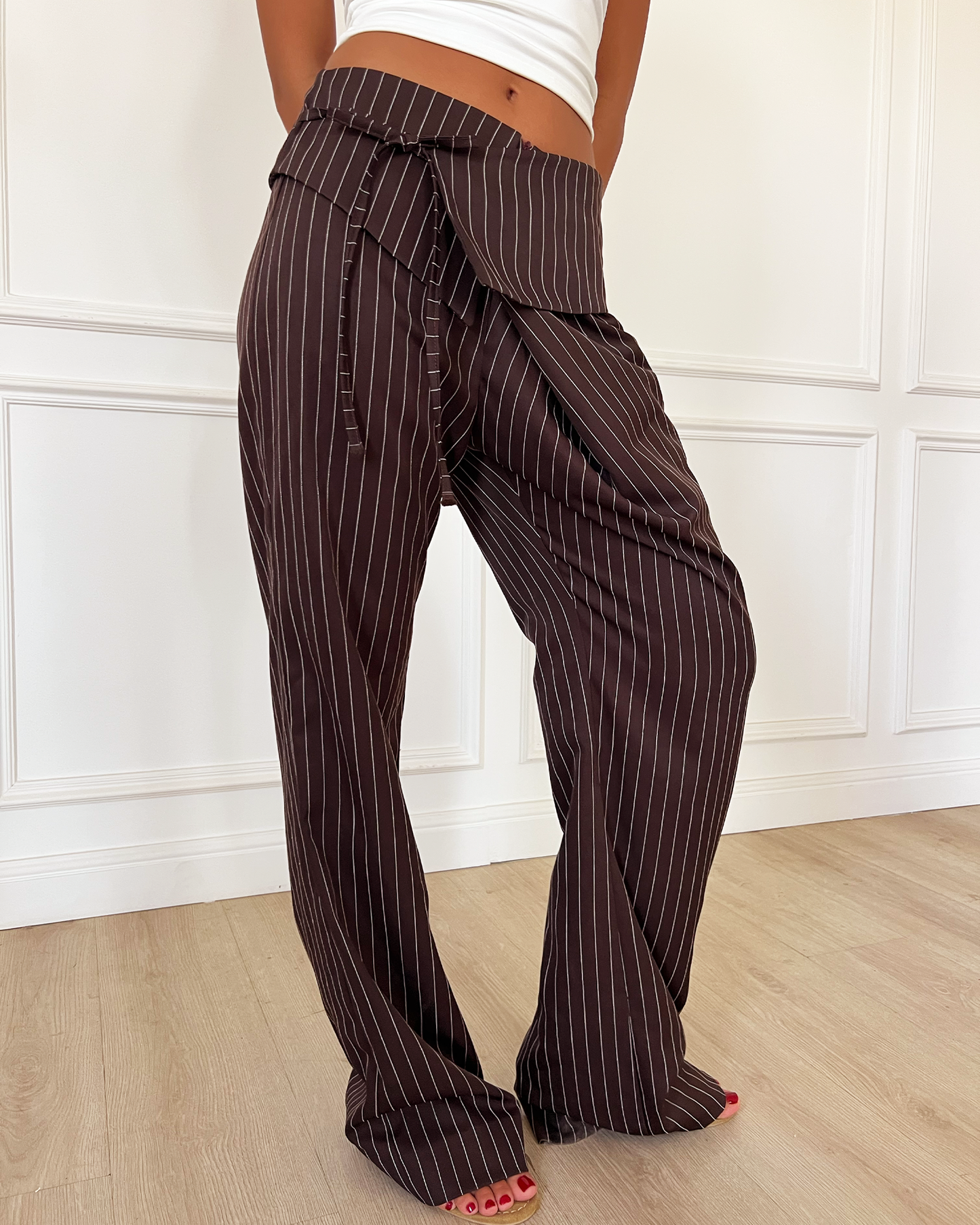 Brown Flip-waist Pinstripe Suit Pants
