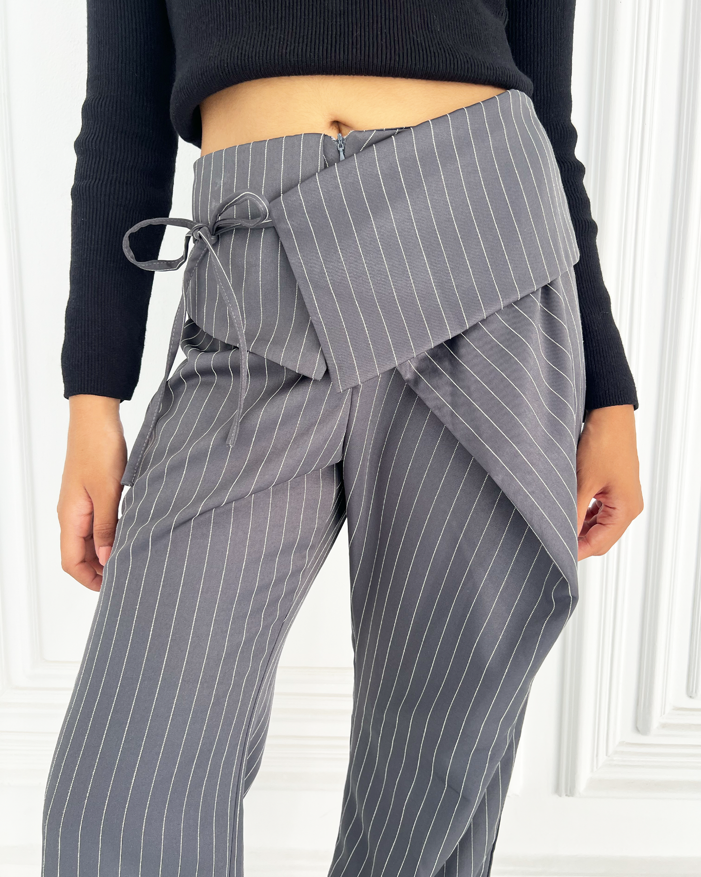 Grey Flip-waist Pinstripe Suit Pants