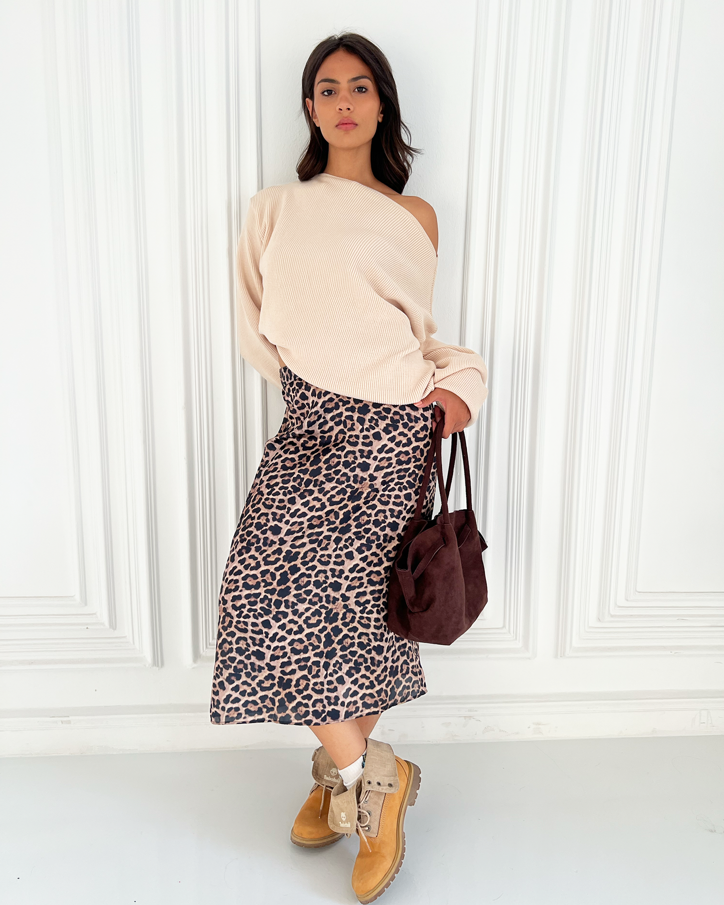 Beige Off-Shoulder Knit Sweater
