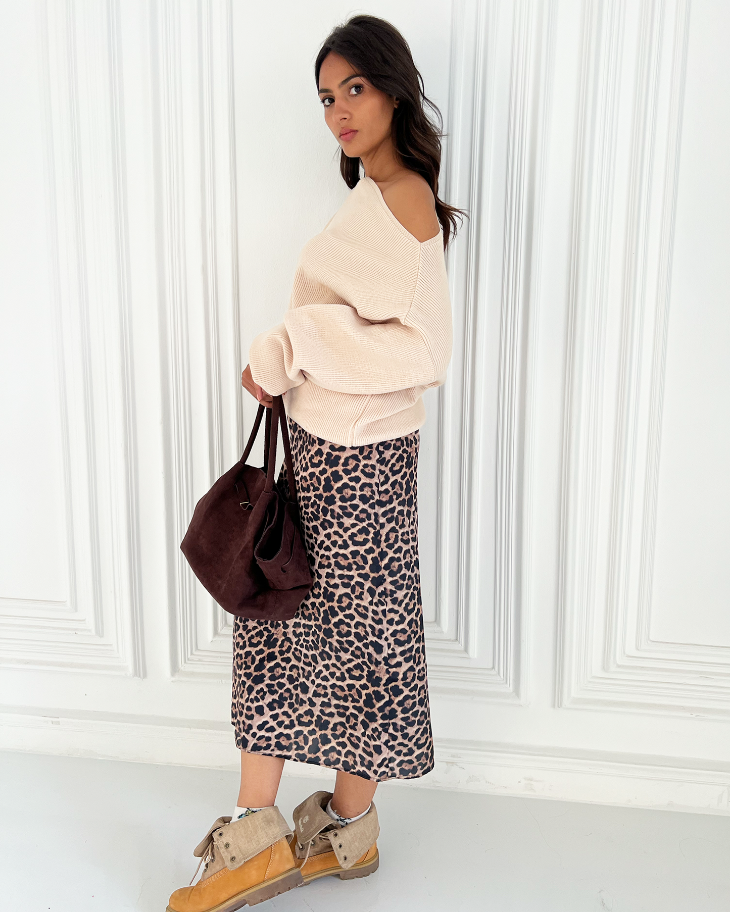 Beige Off-Shoulder Knit Sweater
