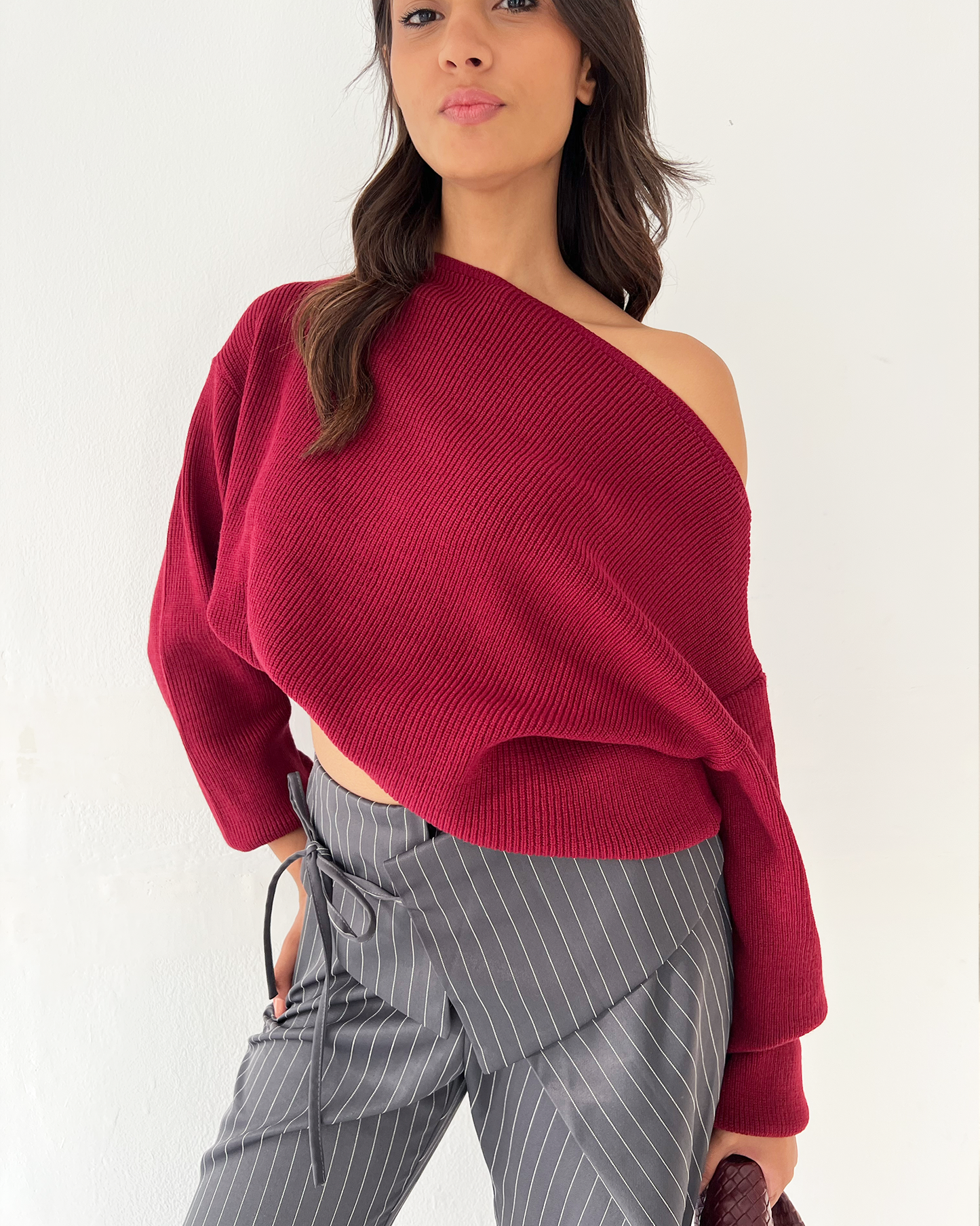 Burgundy Off-Shoulder Knit Sweater