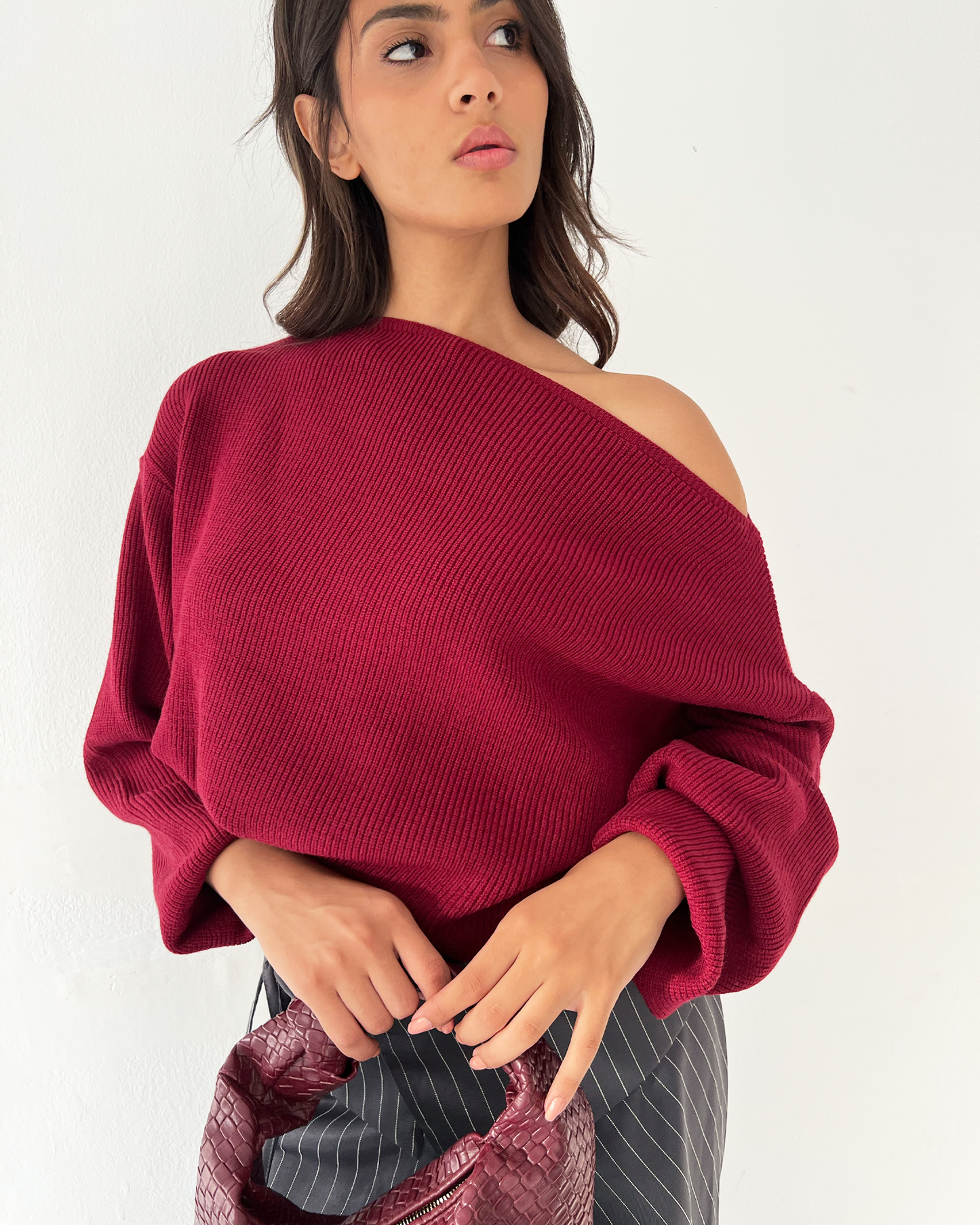 Burgundy Off-Shoulder Knit Sweater