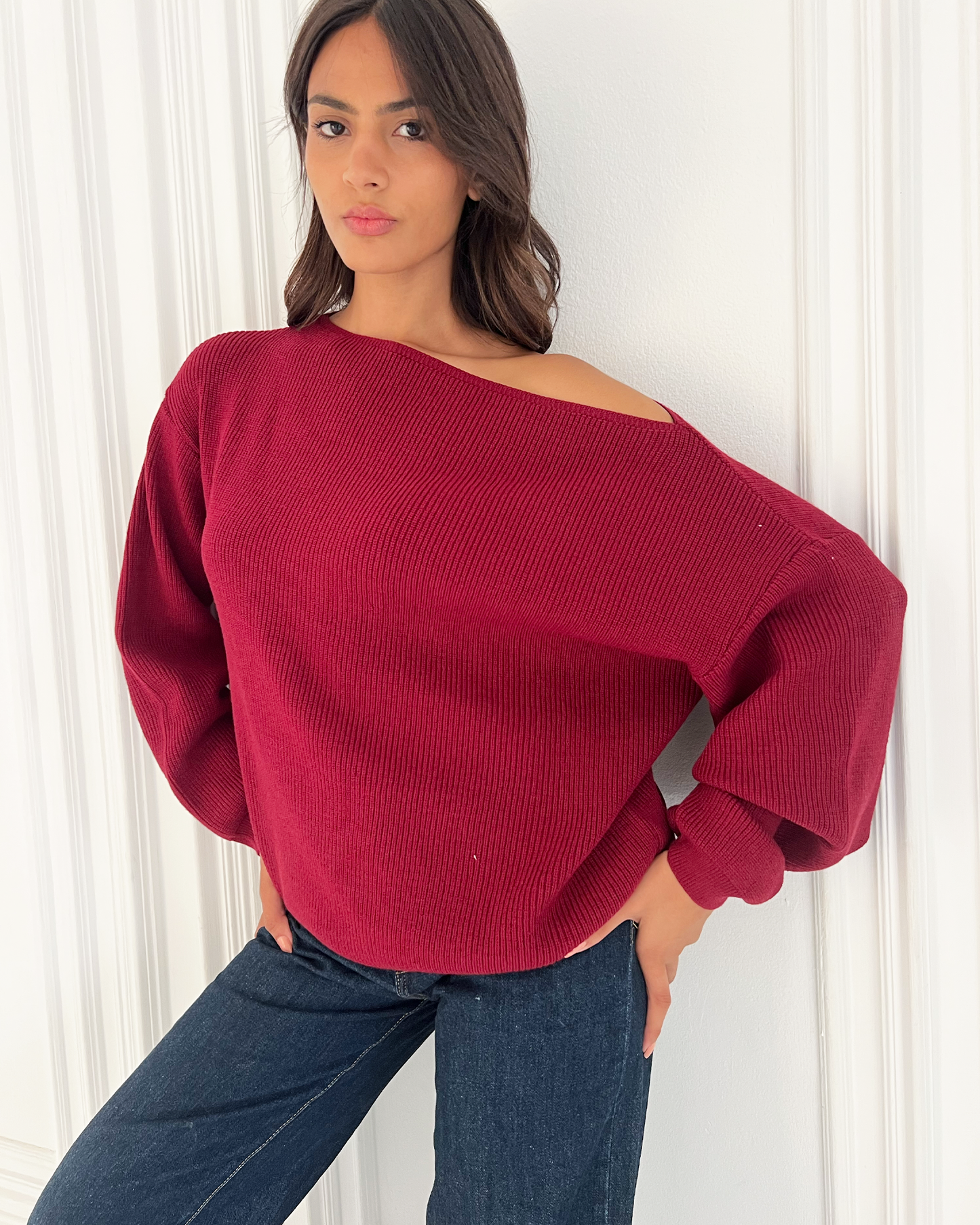Burgundy Off-Shoulder Knit Sweater