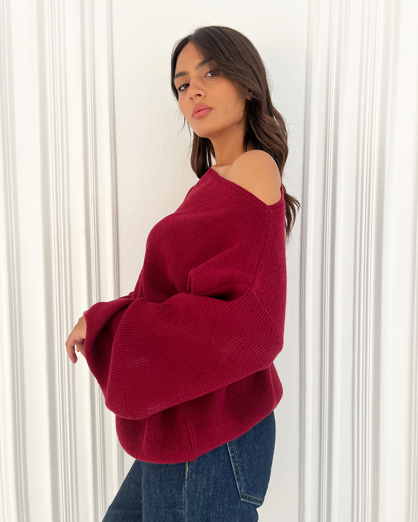 Burgundy Off-Shoulder Knit Sweater