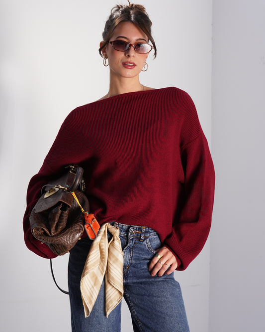 Burgundy Off-Shoulder Knit Sweater