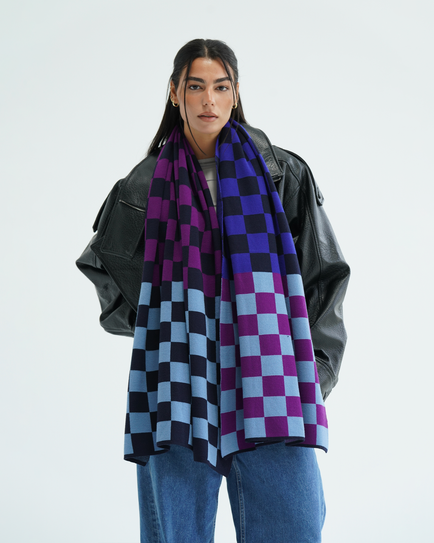 Purple Checkers Knit Scarf