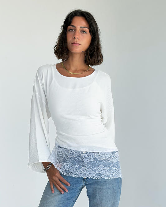 White Asymmetric Wide Sleeve Lace Top
