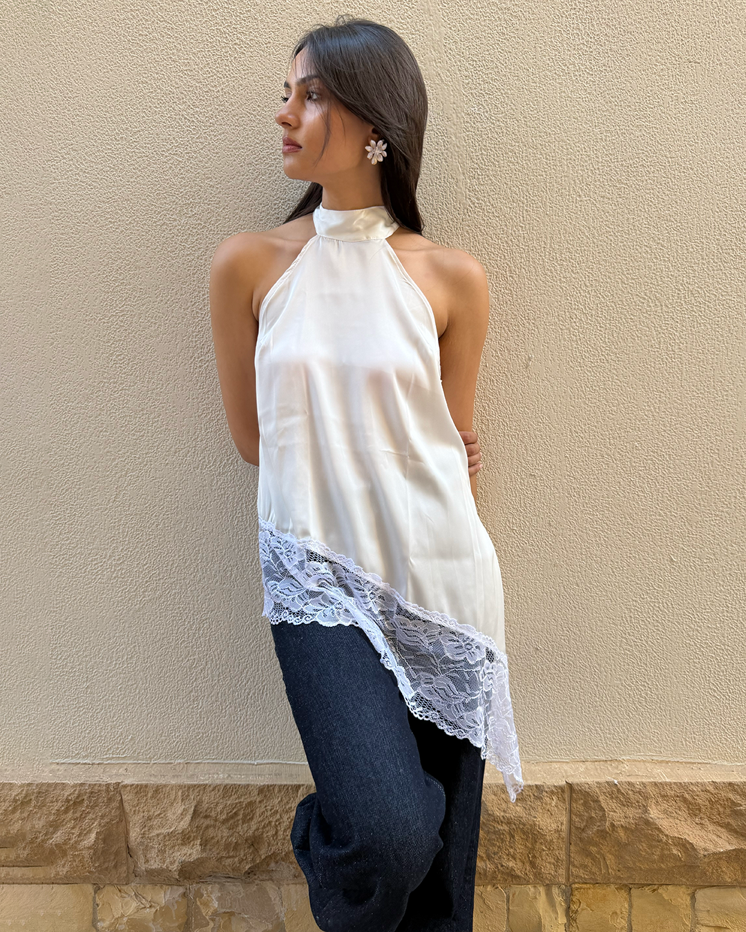 White Asymmetric Lace Top
