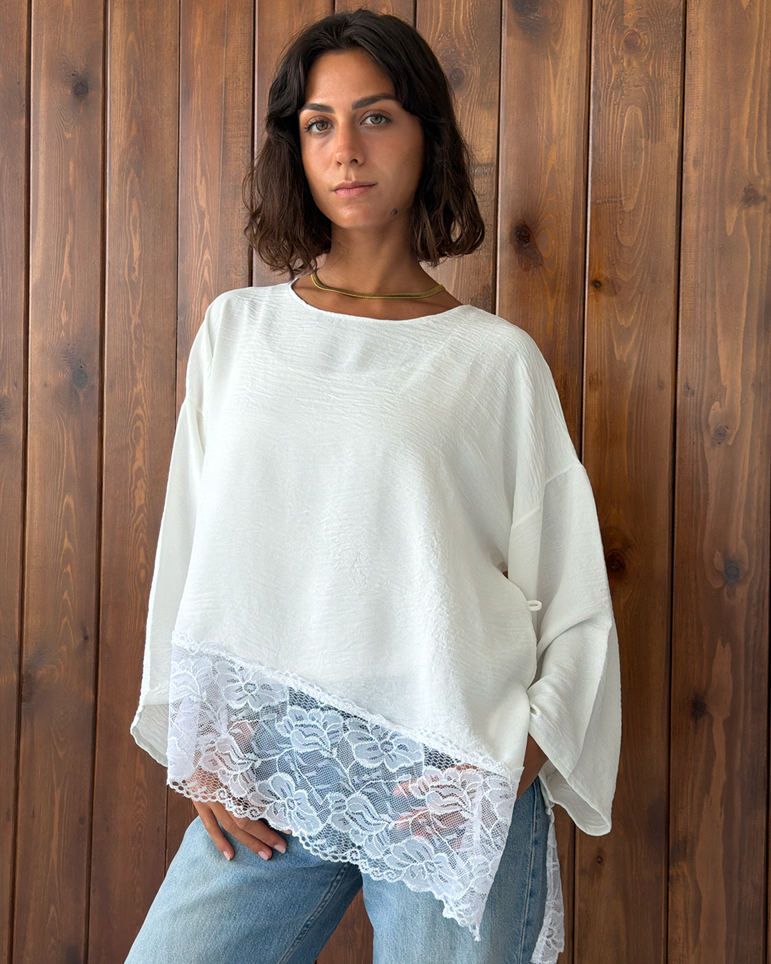White Asymmetric Wide Sleeve Lace Top