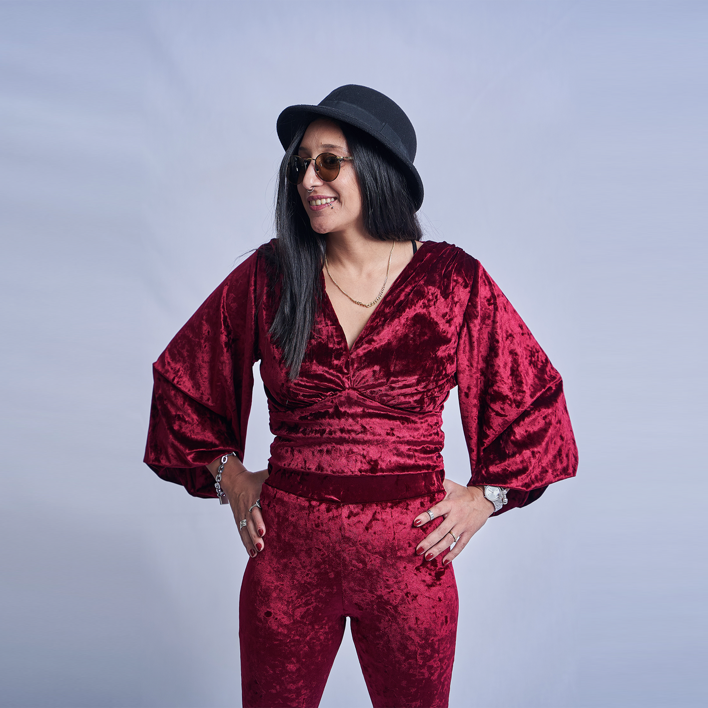 Burgundy Puffy Sleeve Velvet Top