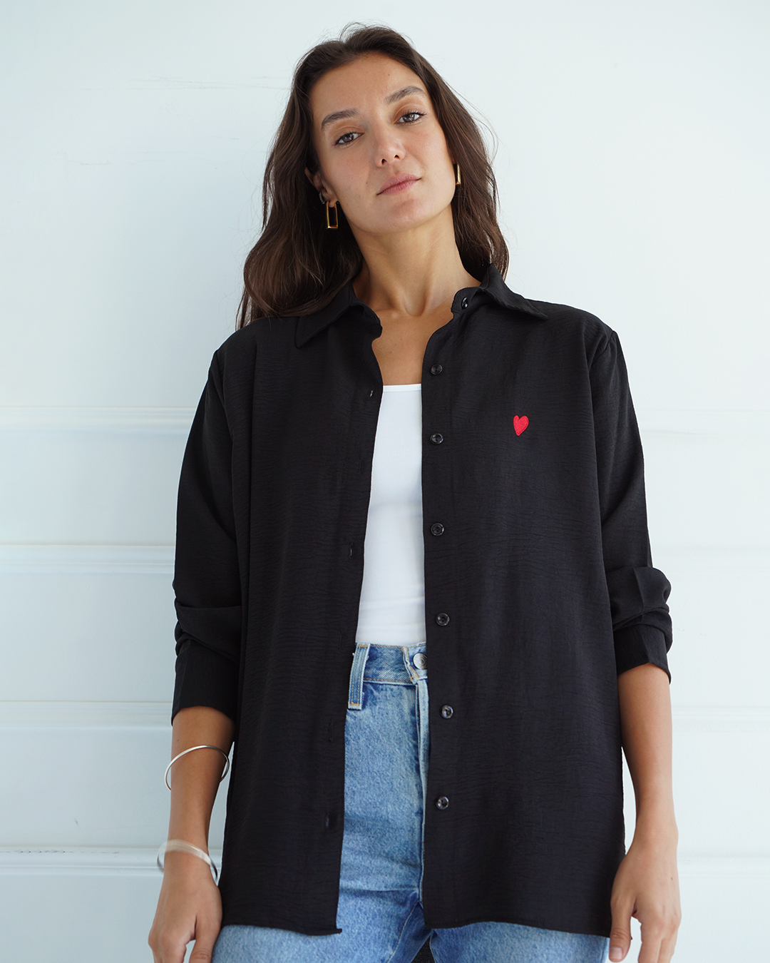 Black Heart Embroidered Over-sized Shirt