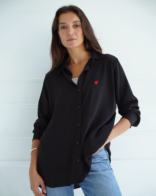Black Heart Embroidered Over-sized Shirt