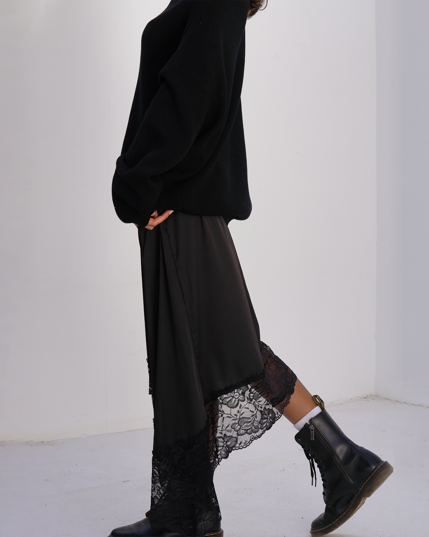 Asymmetric Satin Lace Skirt