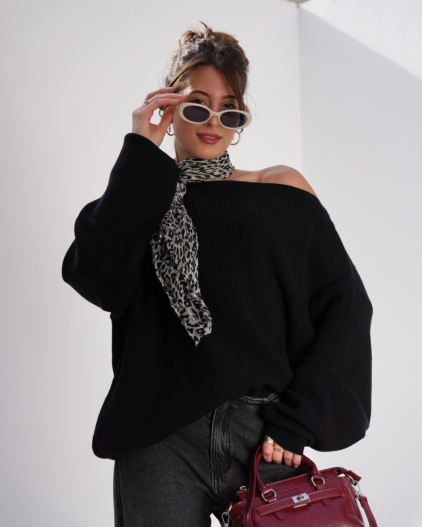 Black Off-Shoulder Knit Sweater