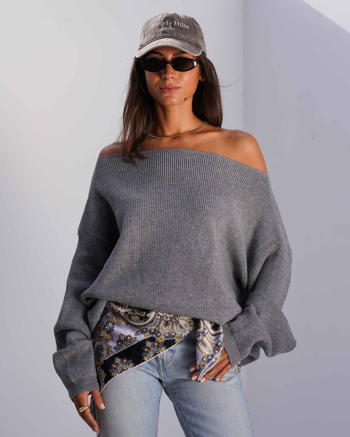 Grey Off-Shoulder Knit Sweater