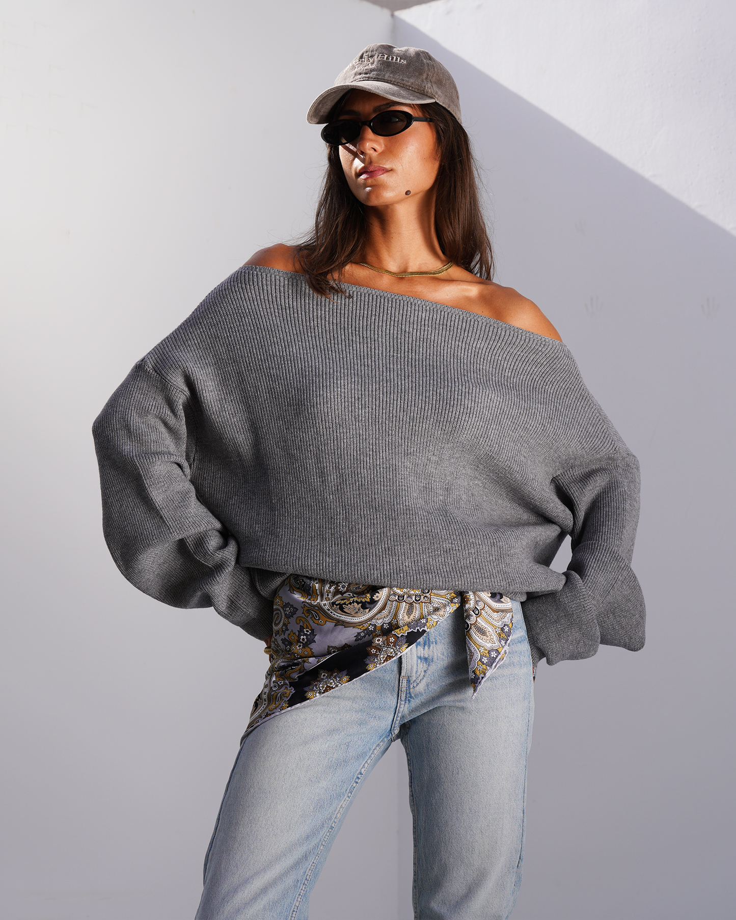 Grey Off-Shoulder Knit Sweater