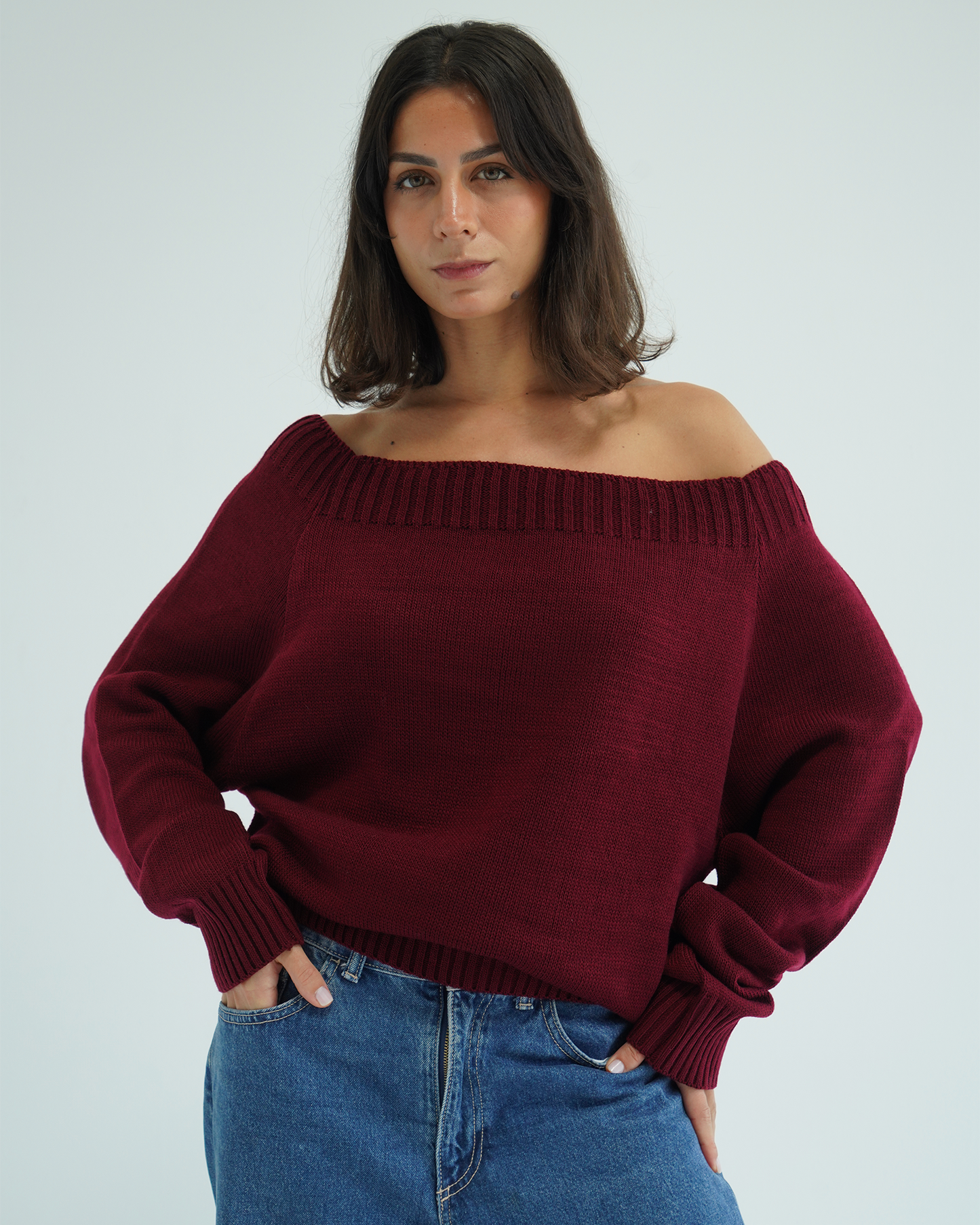 Burgundy Off-shoulder Sweater