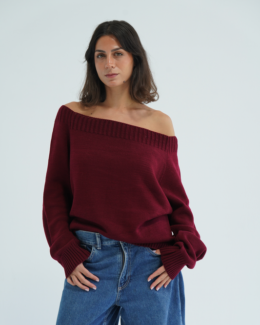 Burgundy Off-shoulder Sweater