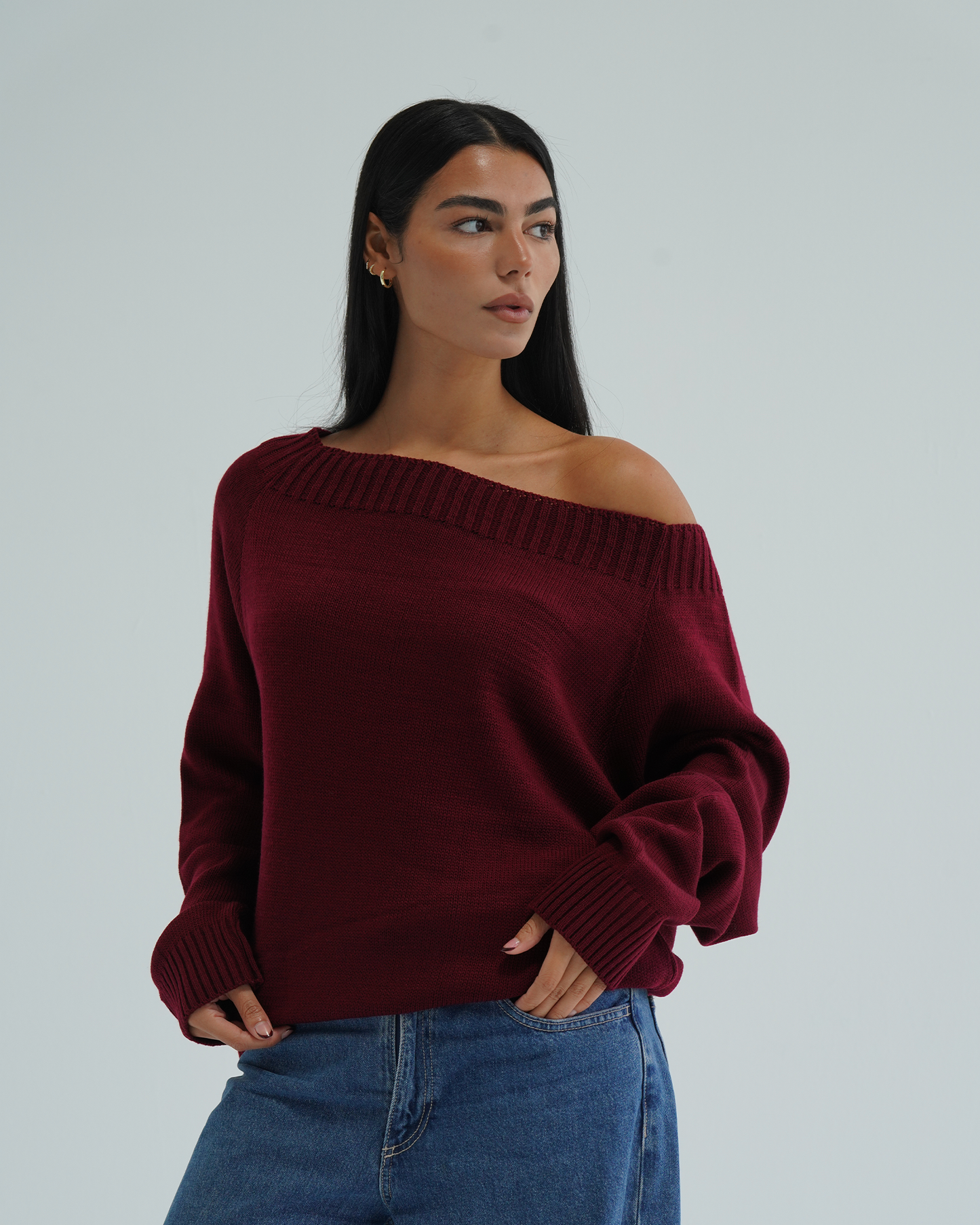 Burgundy Off-shoulder Sweater