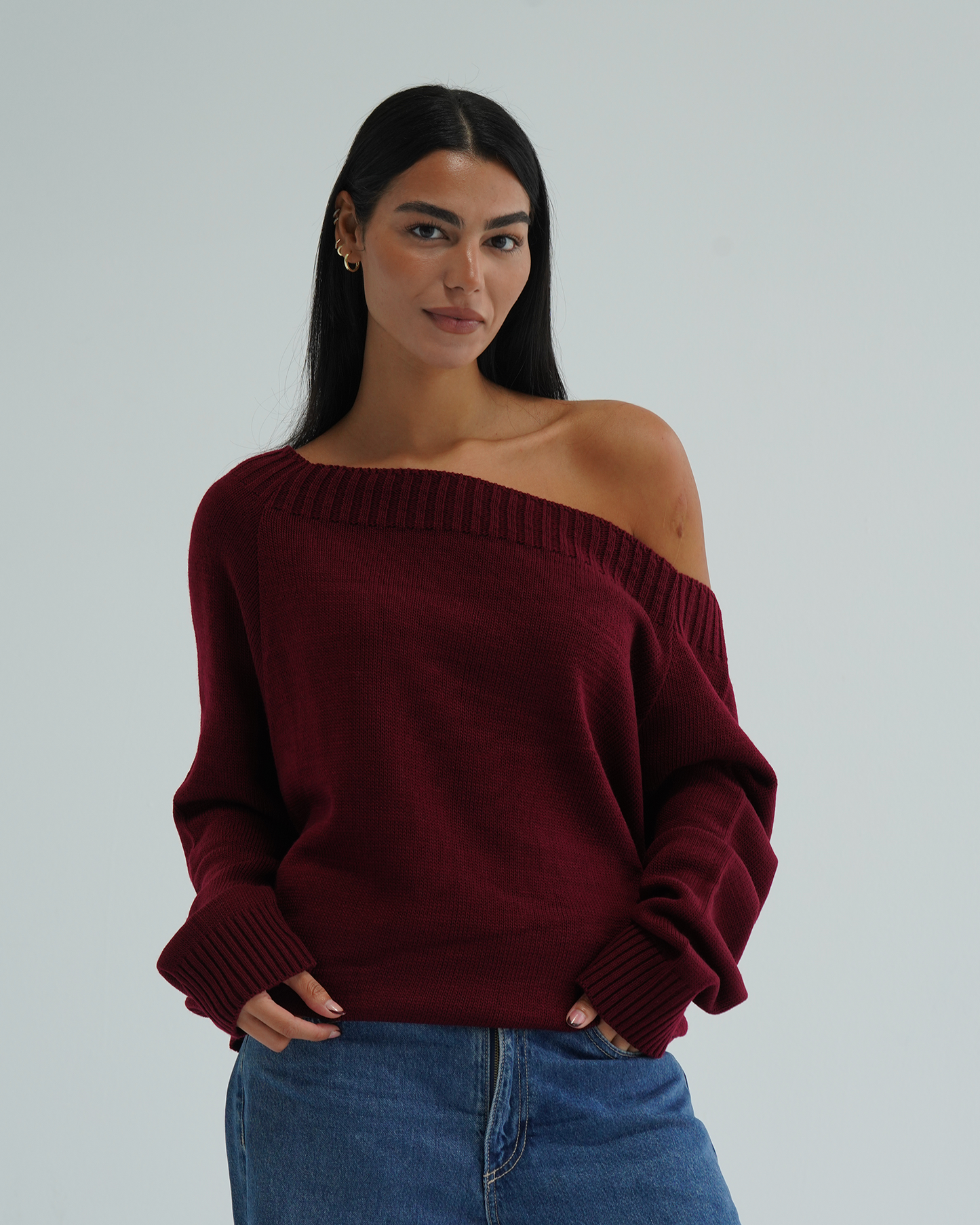 Burgundy Off-shoulder Sweater