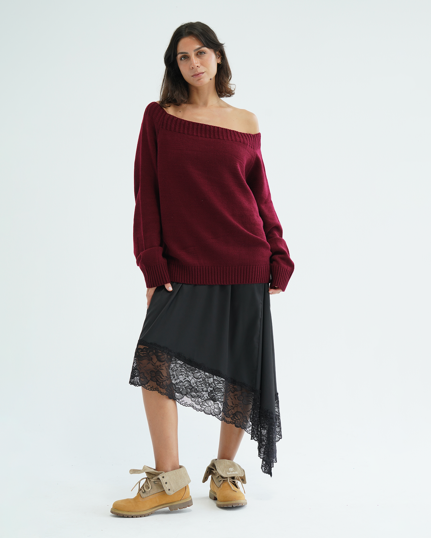 Burgundy Off-shoulder Sweater