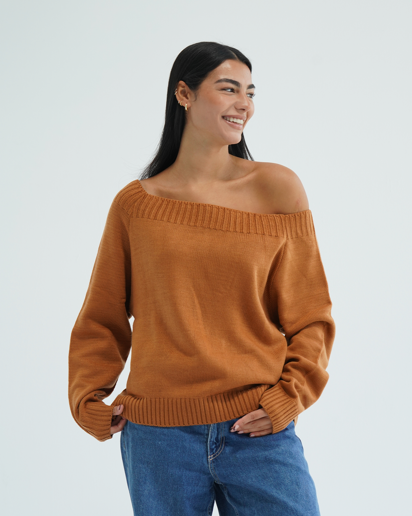 Camel Off-shoulder Sweater