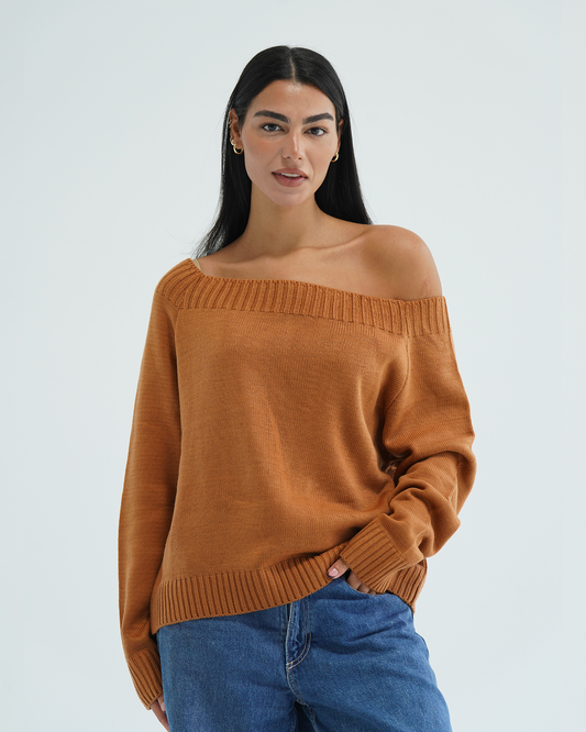 Camel Off-shoulder Sweater