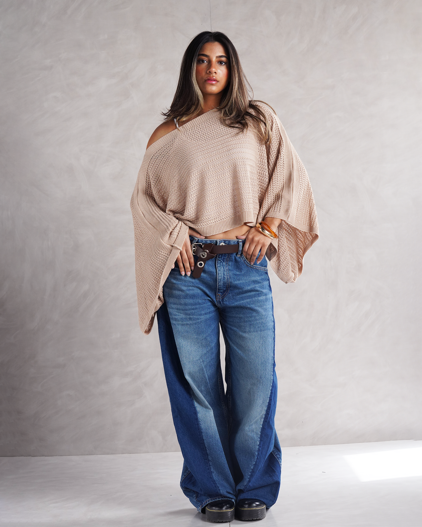 Beige Off-shoulder Knit Poncho