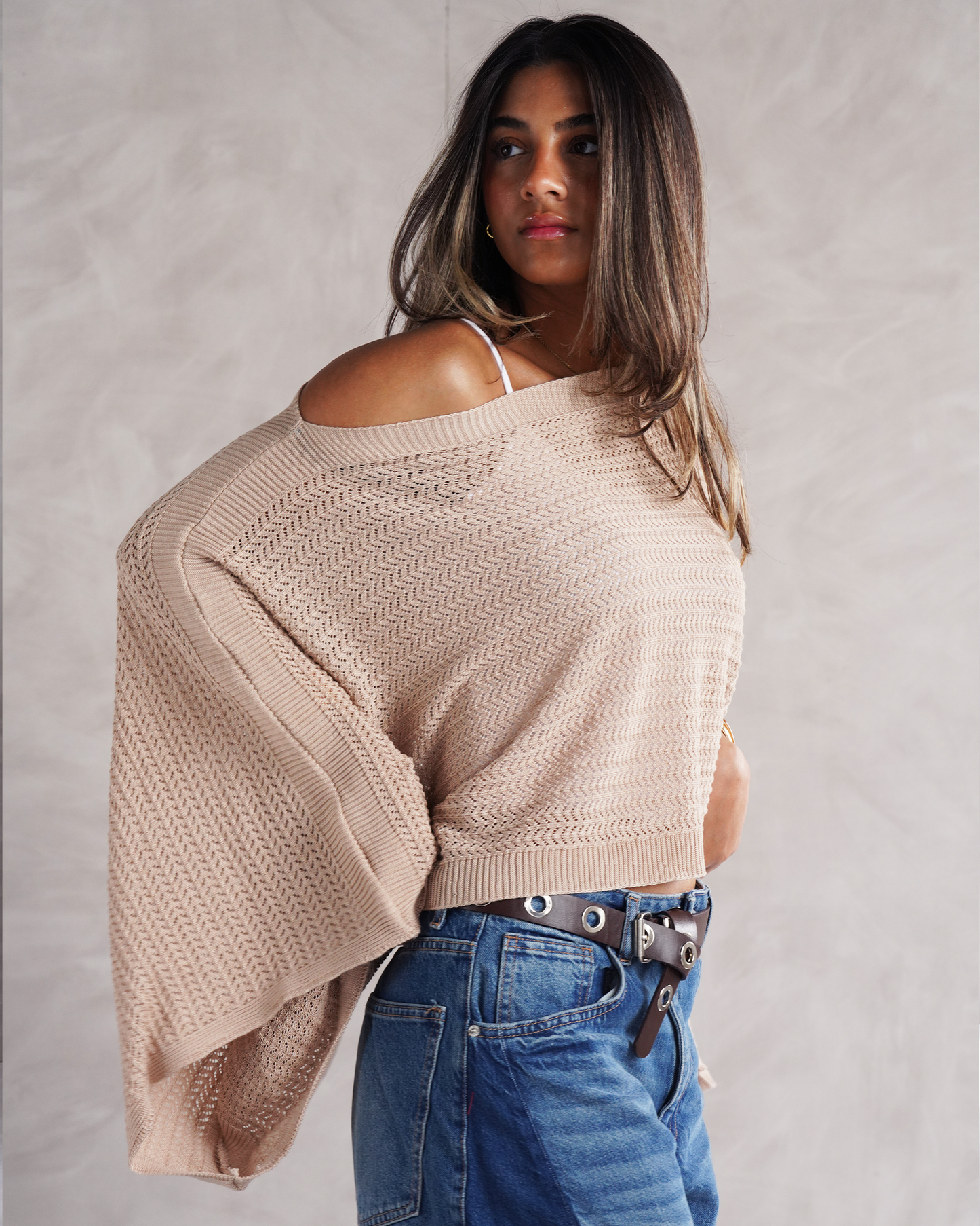 Beige Off-shoulder Knit Poncho