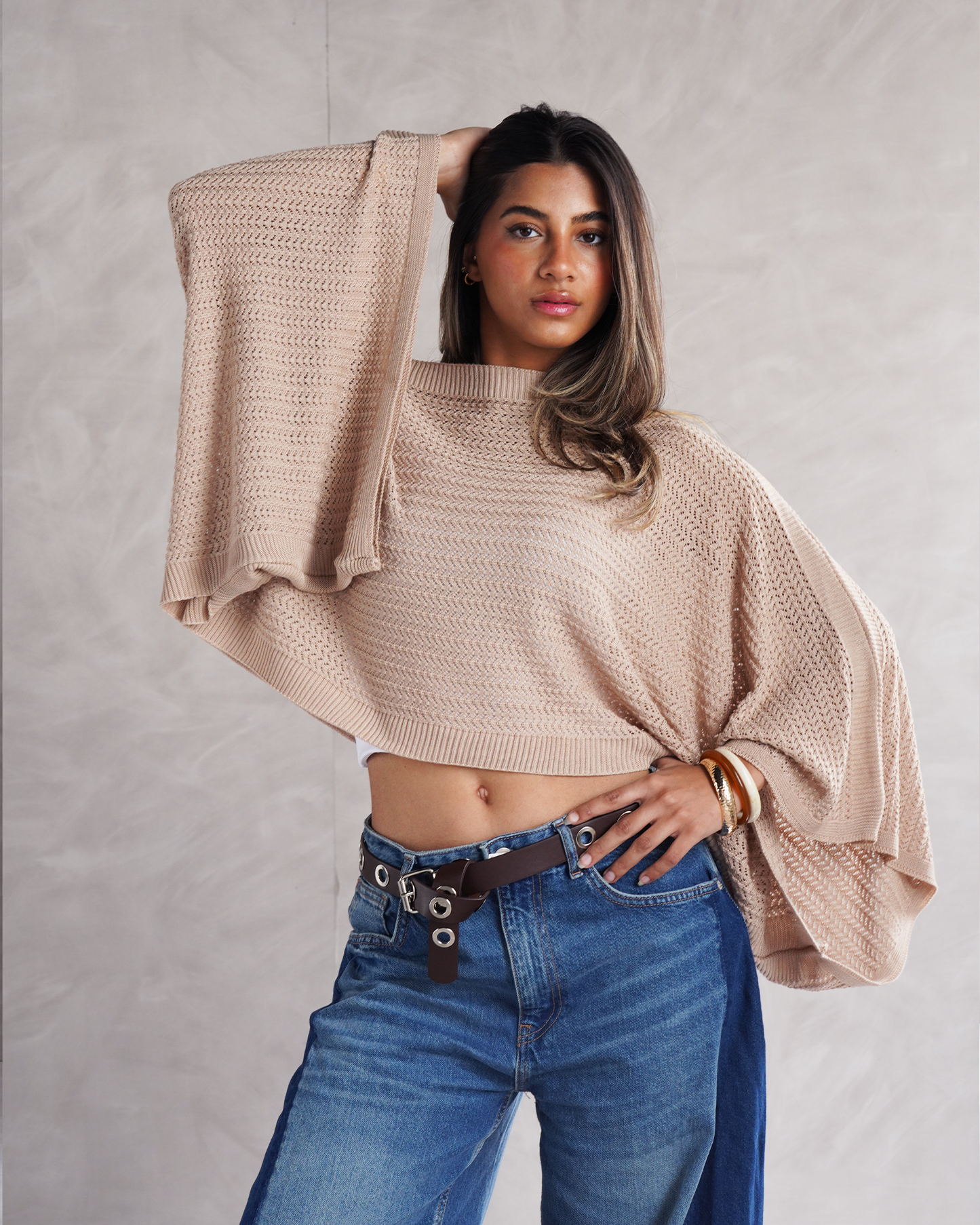 Beige Off-shoulder Knit Poncho