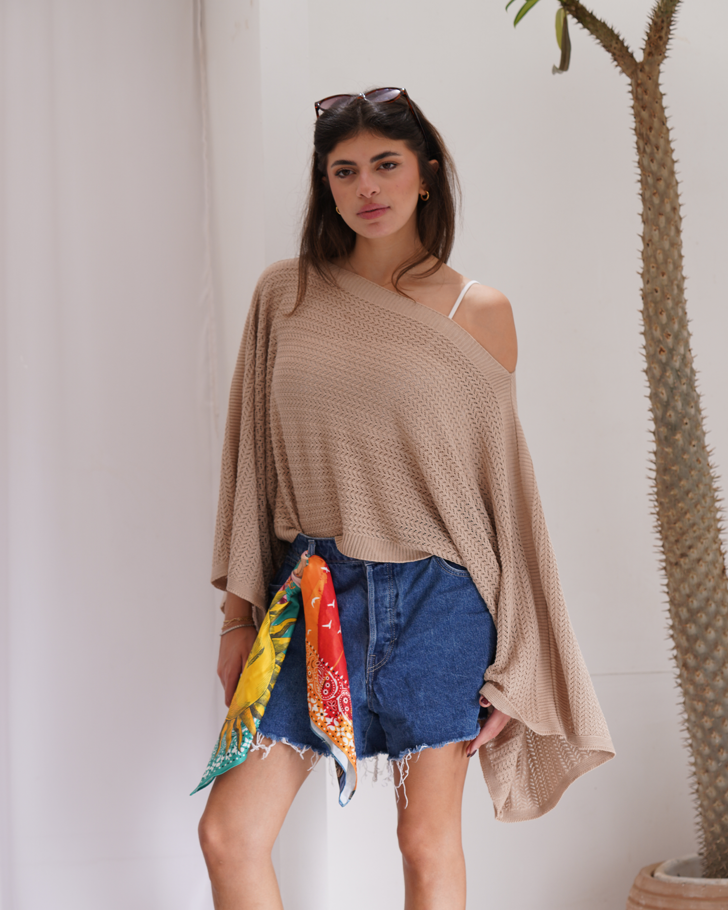 Beige Off-shoulder Knit Poncho