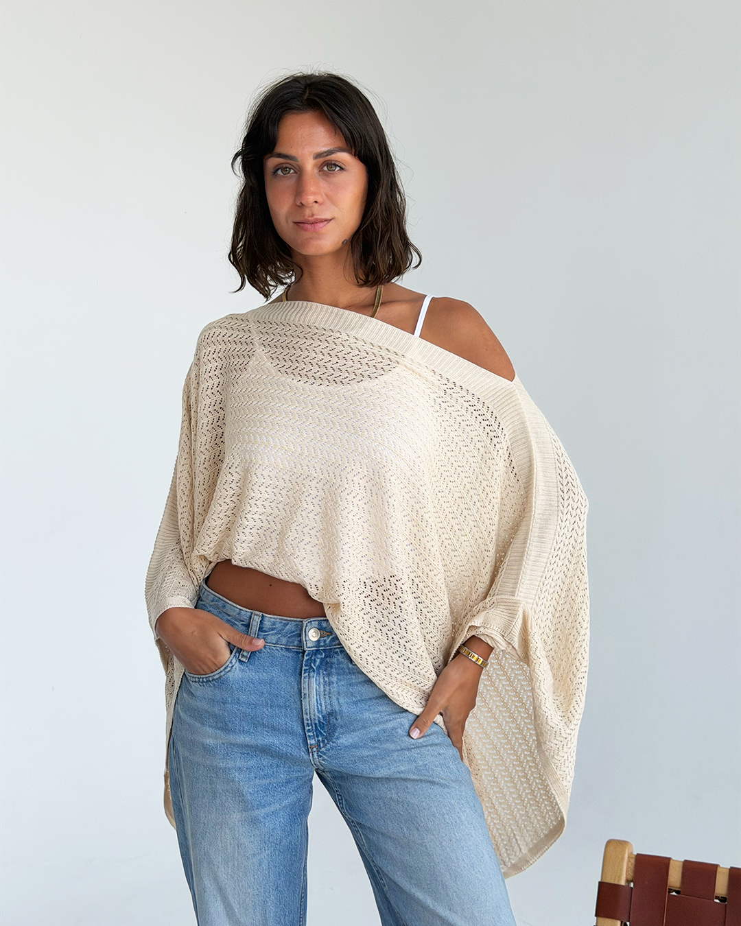 Beige Off-shoulder Knit Poncho