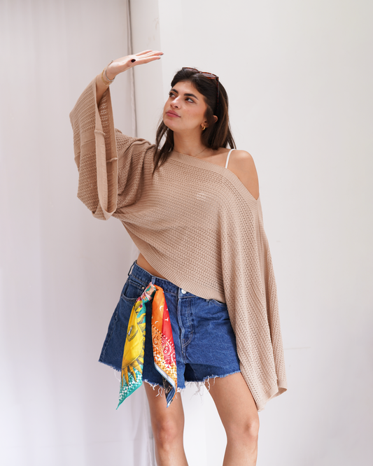 Beige Off-shoulder Knit Poncho