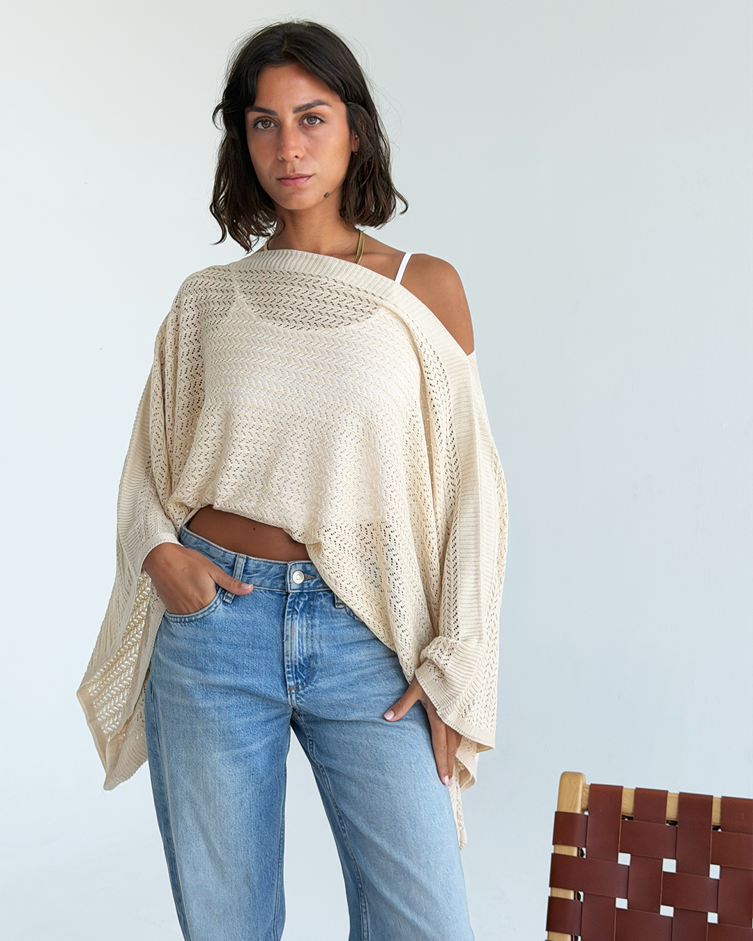 Beige Off-shoulder Knit Poncho