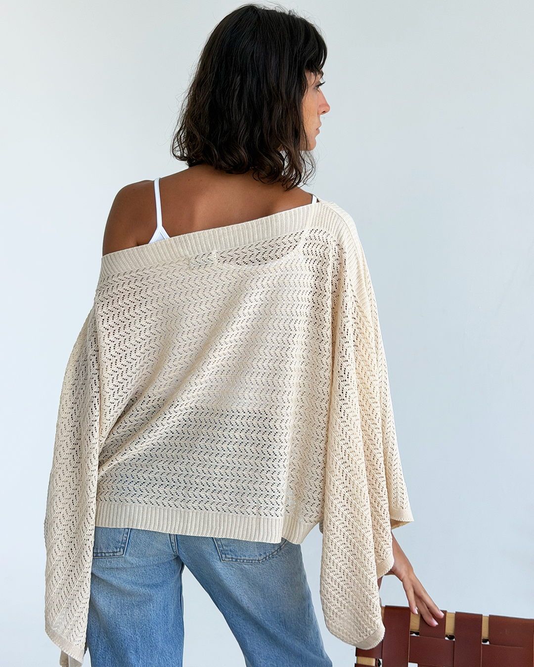 Beige Off-shoulder Knit Poncho