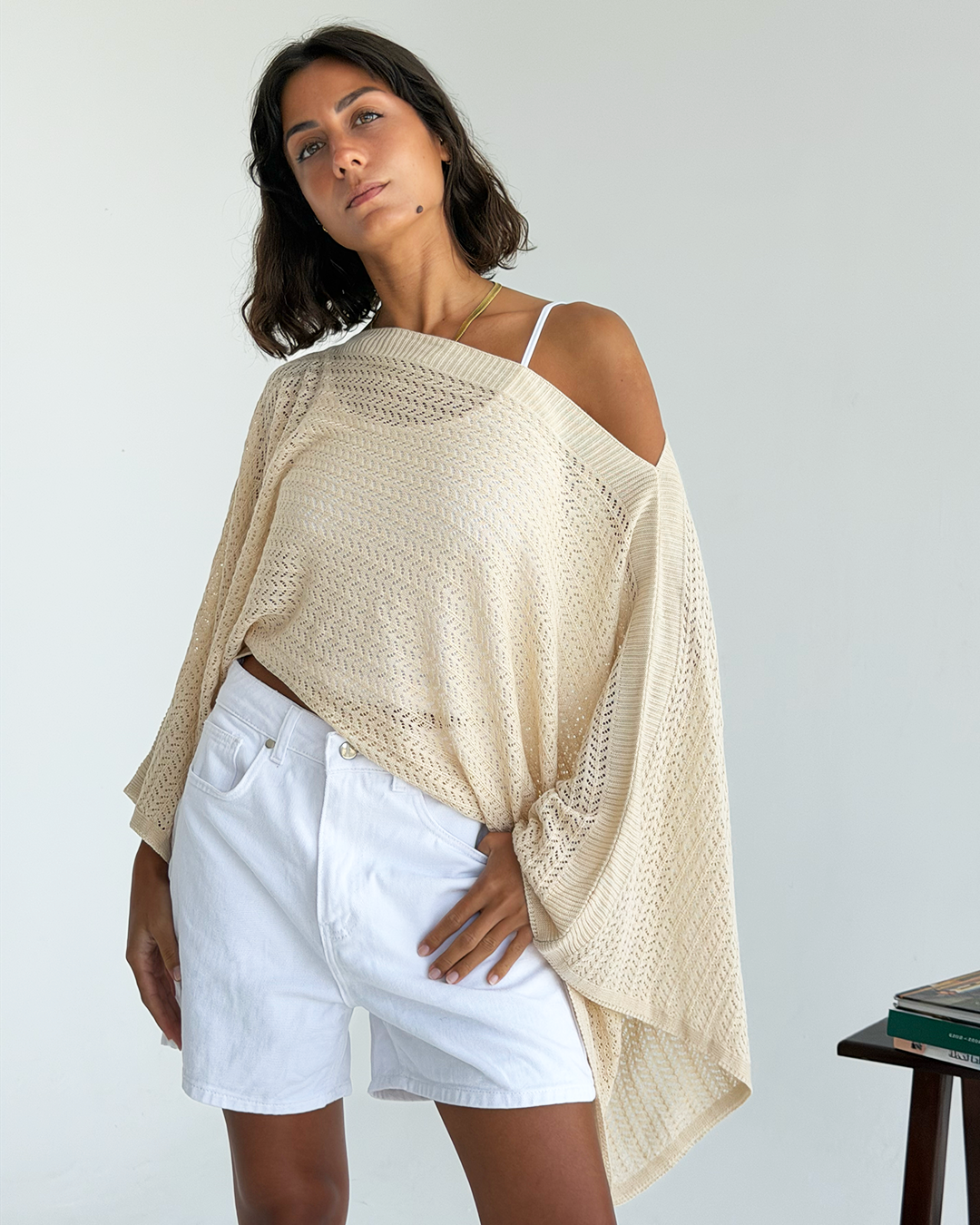 Beige Off-shoulder Knit Poncho