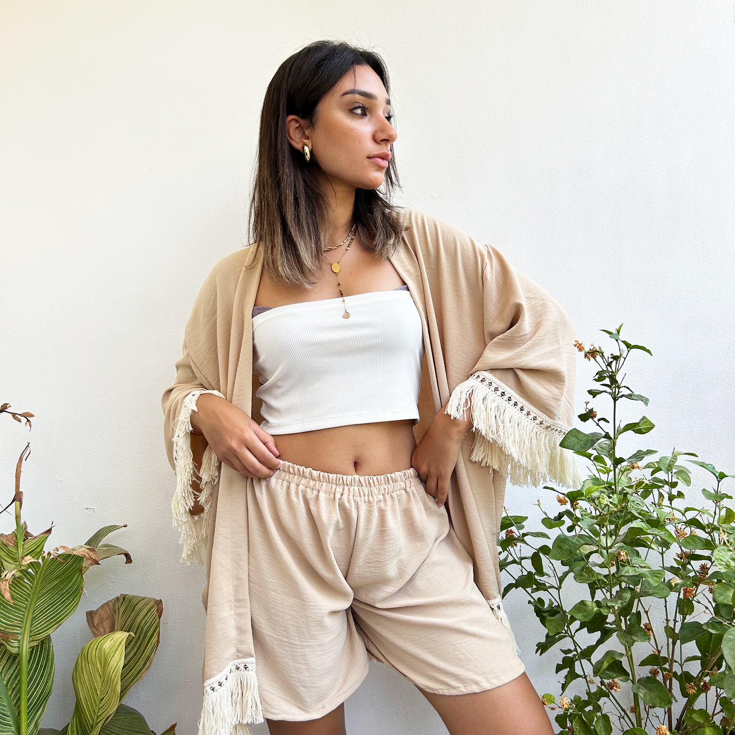 Beige Fringed Kimono Set